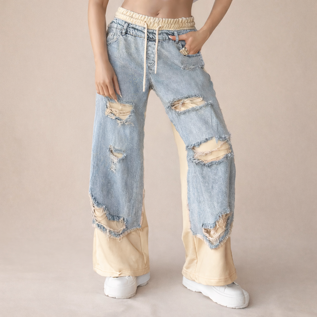 Jean femme été à larges trous patchwork