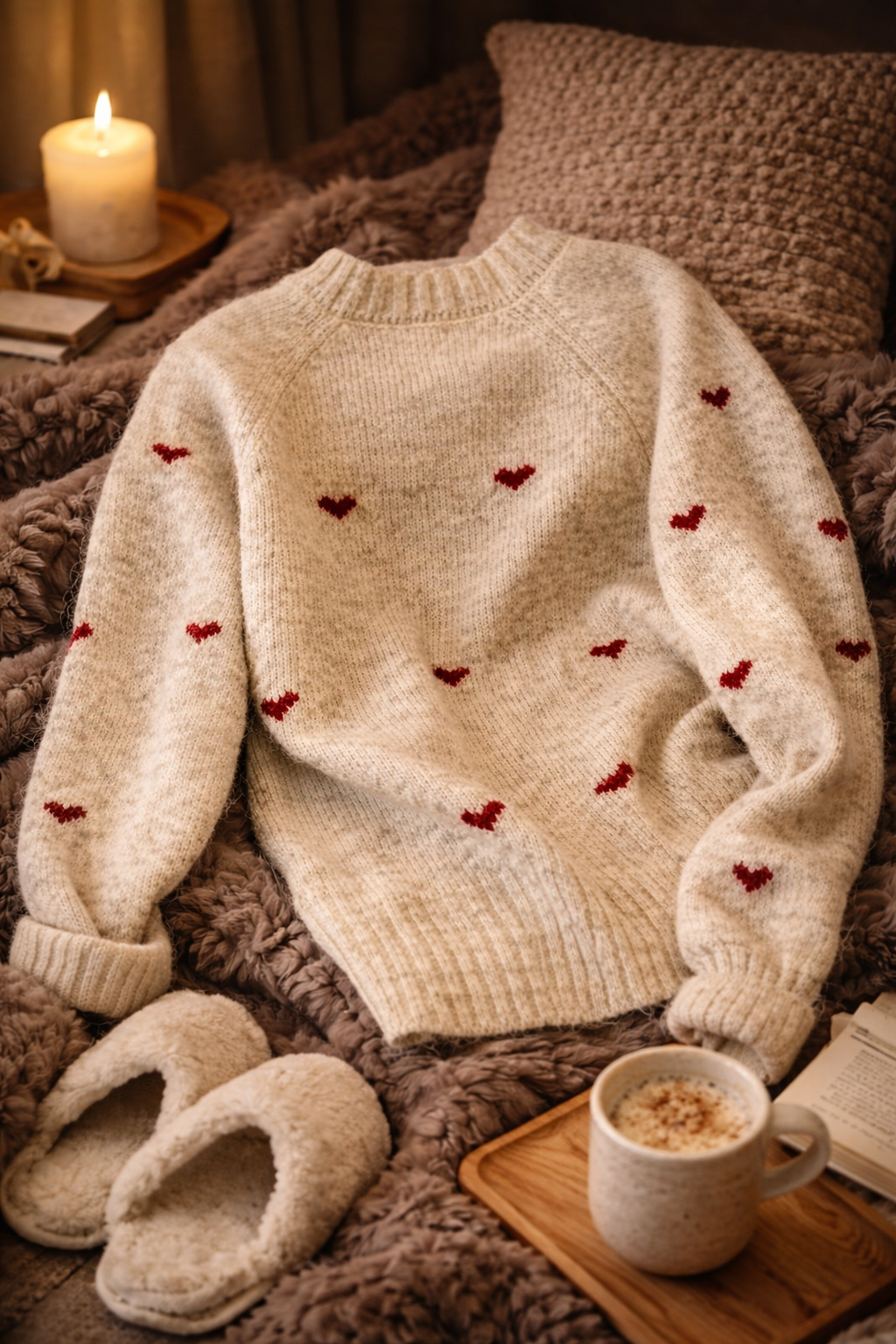 Pull chaud motif cœur col rond