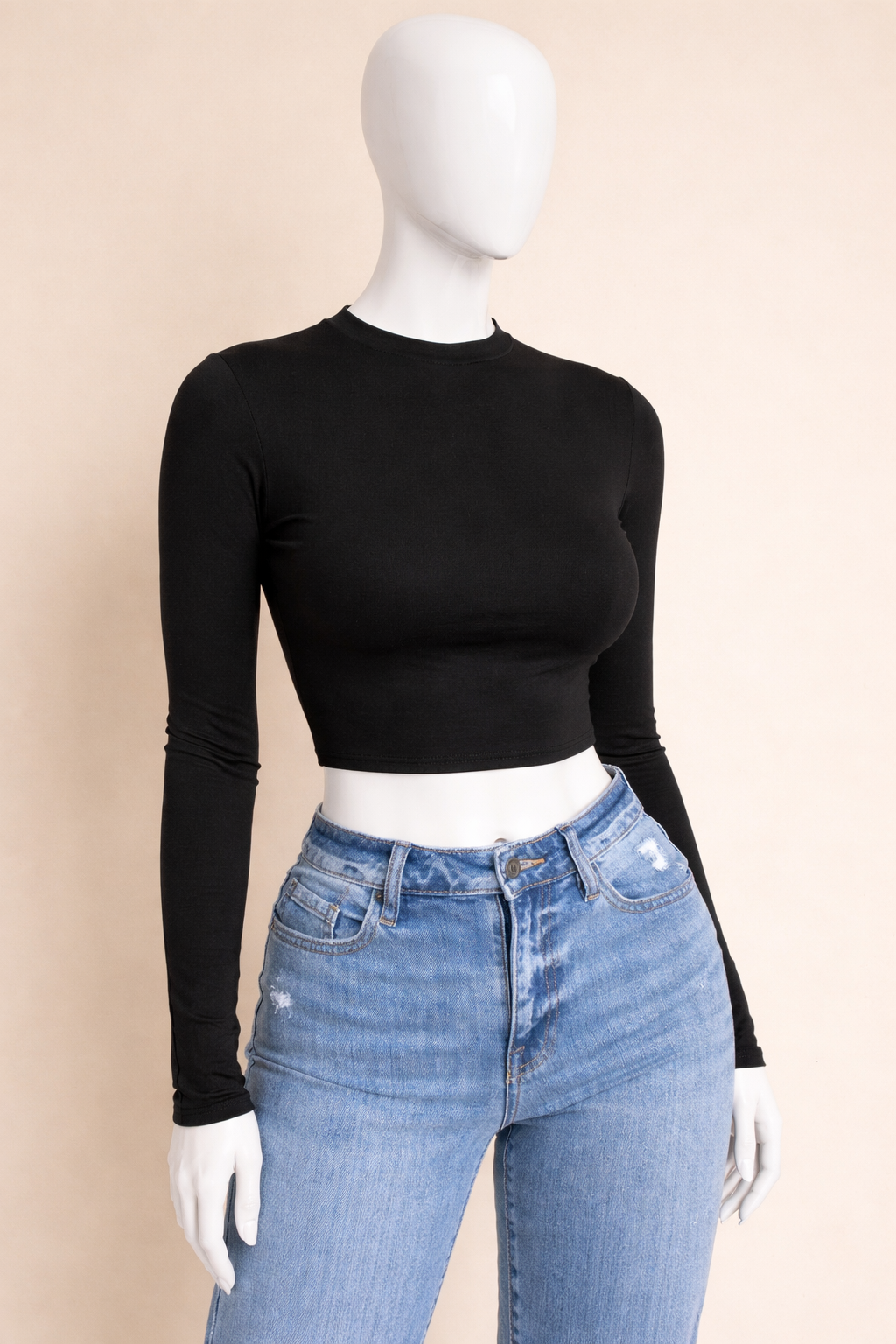 T-shirt crop top uni à manches longues