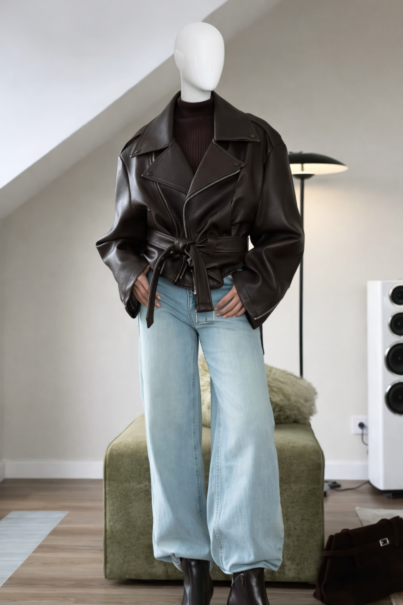 Veste courte en cuir rouge foncé zippée