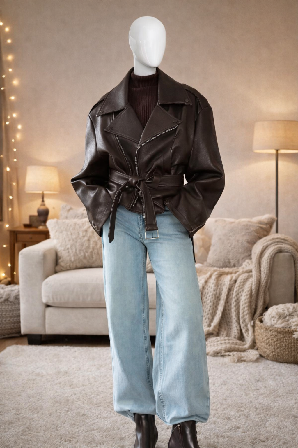 Veste courte en cuir rouge foncé zippée