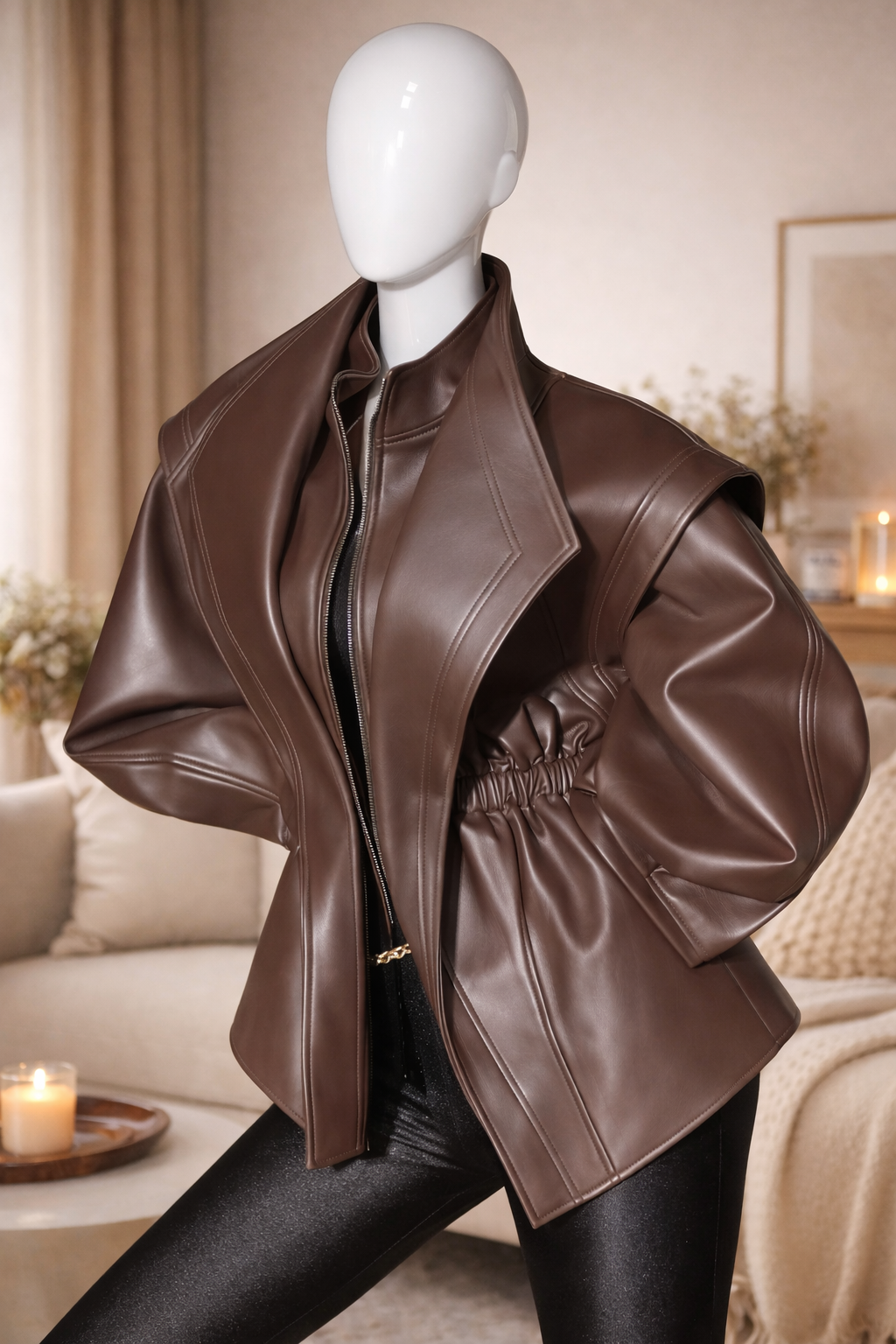 Veste en cuir vintage à épaules larges