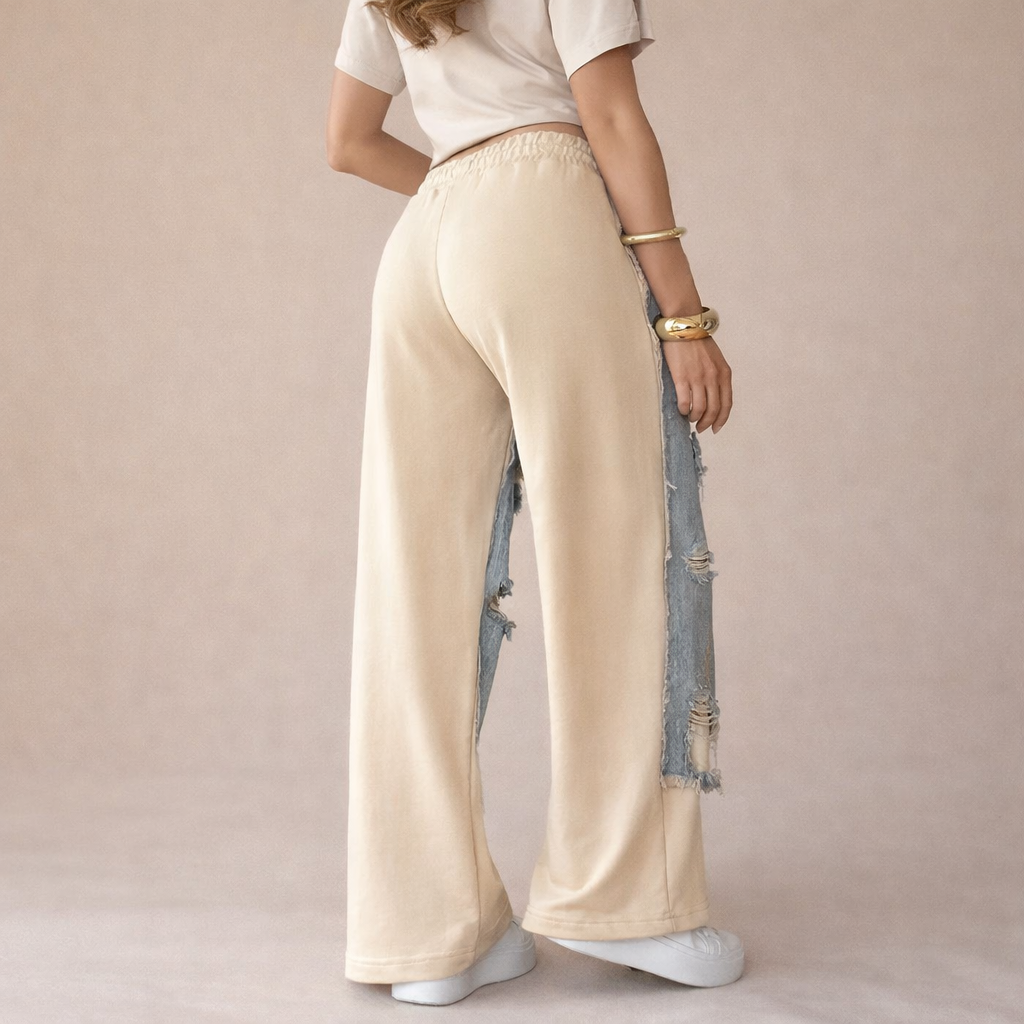 Jean femme été à larges trous patchwork