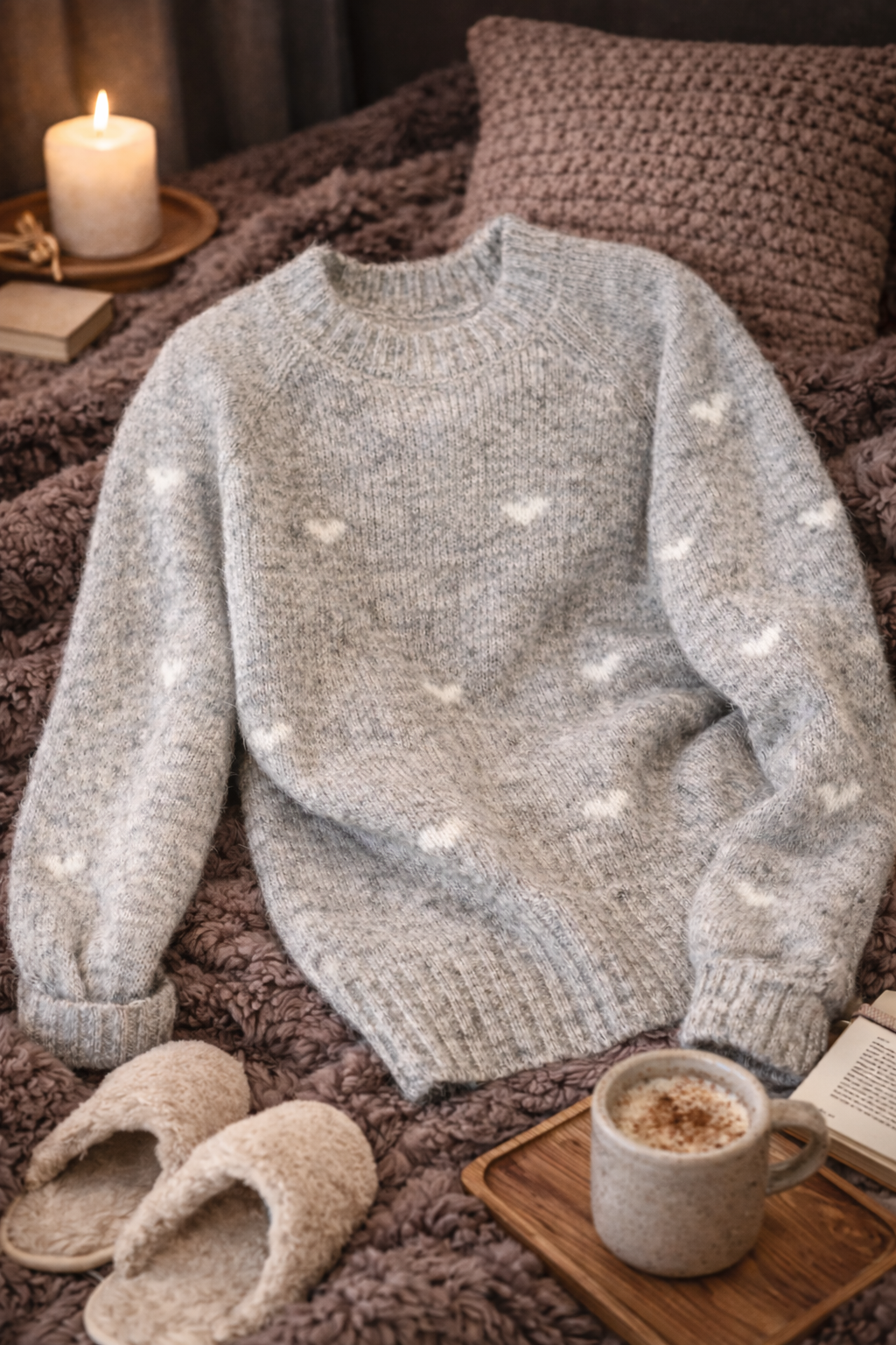 Pull chaud motif cœur col rond