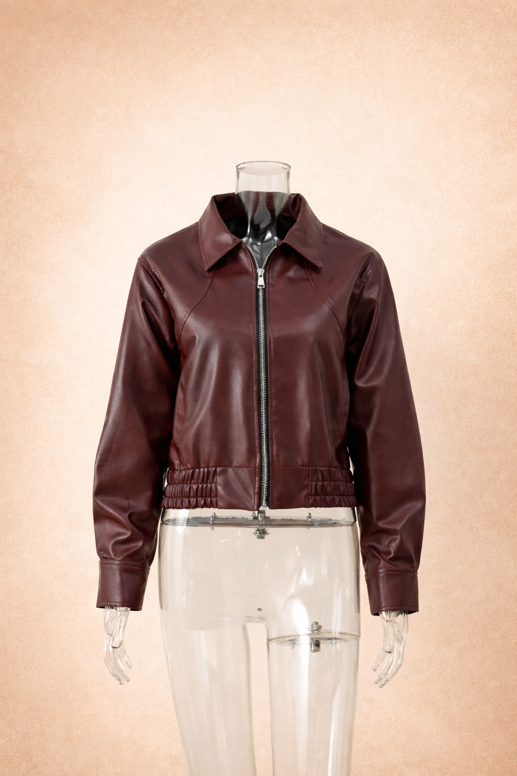 Veste courte en cuir rouge foncé zippée