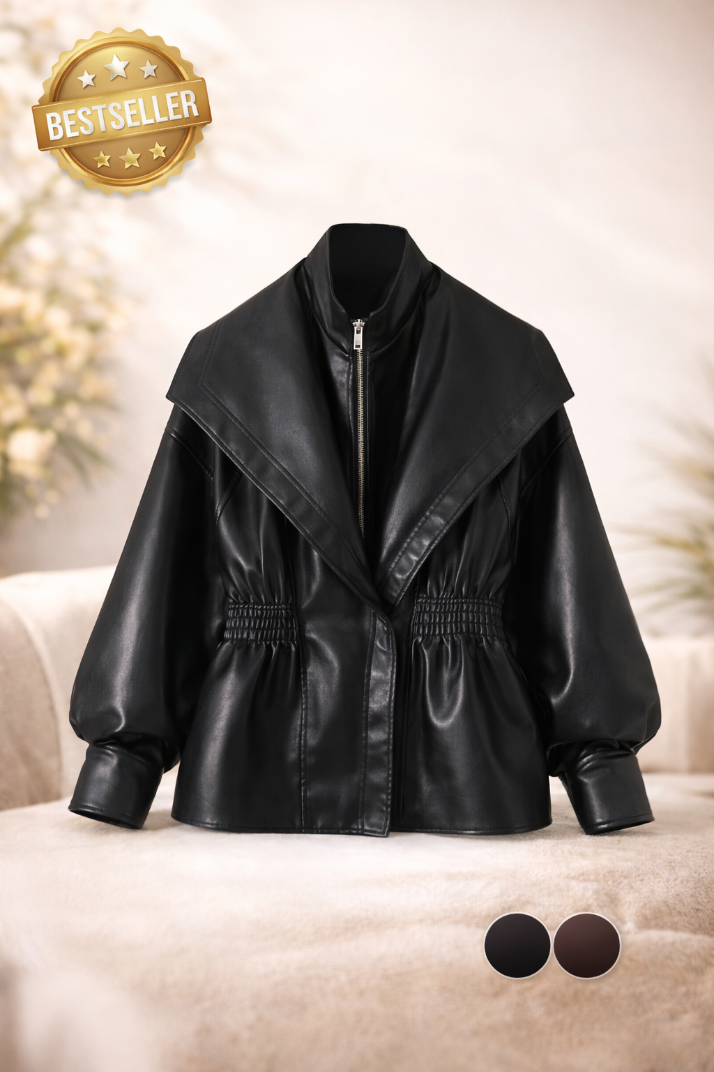 Veste en cuir vintage à épaules larges