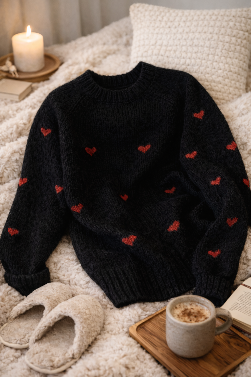 Pull chaud motif cœur col rond