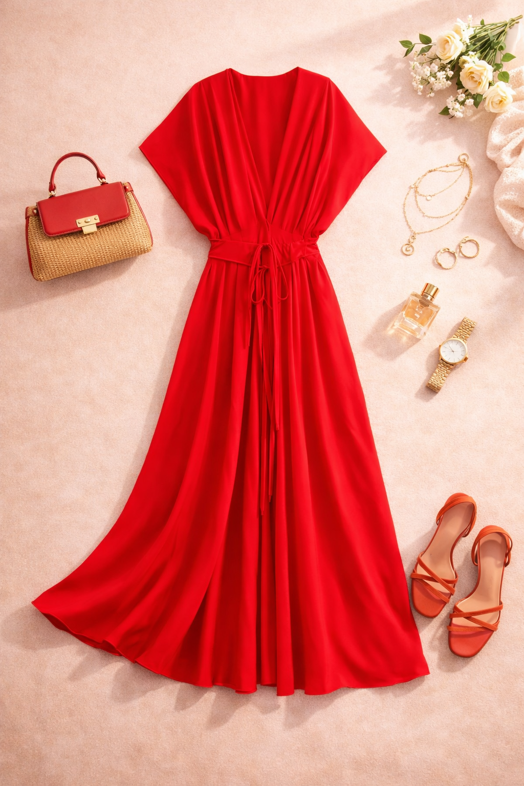 Robe midi fluide ceinturée